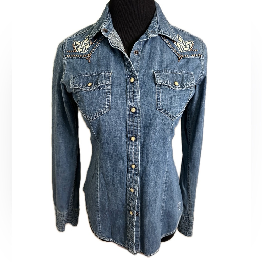 ARIAT Embroidered & Beaded Denim Pearl Snap Button Up Long Sleeve Shirt Size S,